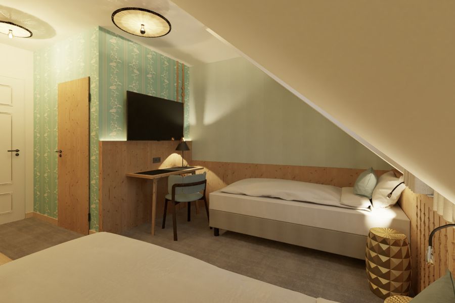 Rendering of a twin bed hotel room
