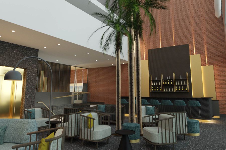 Rendering of the hotel bar at the Living Hotel Berlin Weißensee