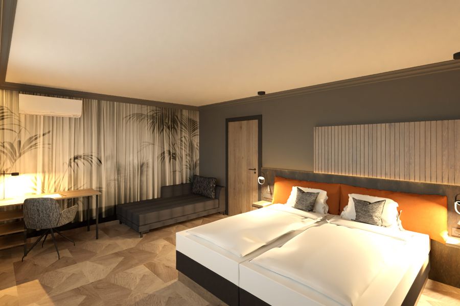 Hotel Ausstattung mit Doppelbett und Recamiere