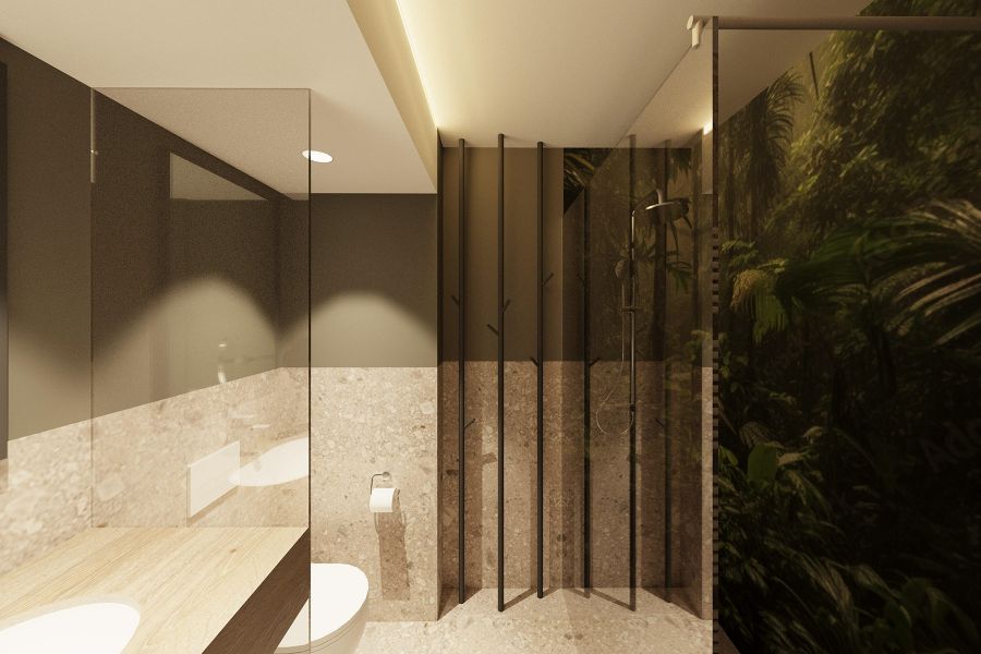 Hotel bathroom interior design with terrazzo tiles