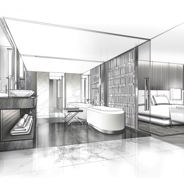 Visualisierung eines Hotelzimmers mit Bad