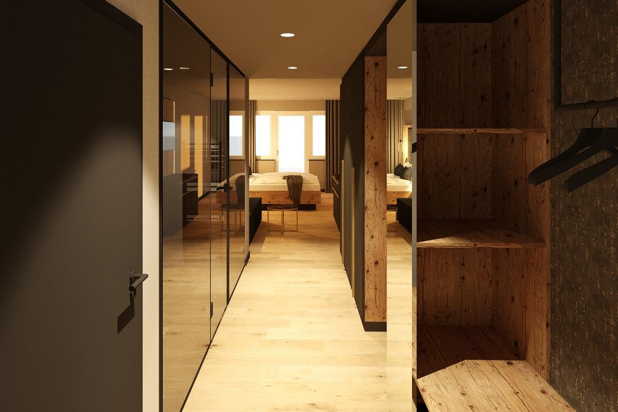 Hallway with smoked glass wall and built-in wardrobe