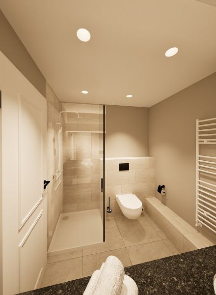 Badezimmer mit Dusche und WC im Komptess Zimmer Churfürstenhof Bad Birnbach