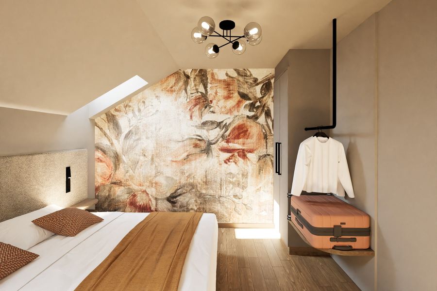 Doppelzimmer Churfürst Komfort mit floraler Tapete und Garderobenstange