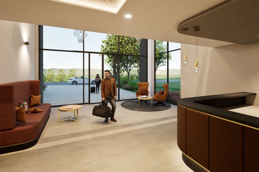 Eingang über Galerie mit großer Glasfront im Verbindungsbau Churfürstenhof Bad Birnbach