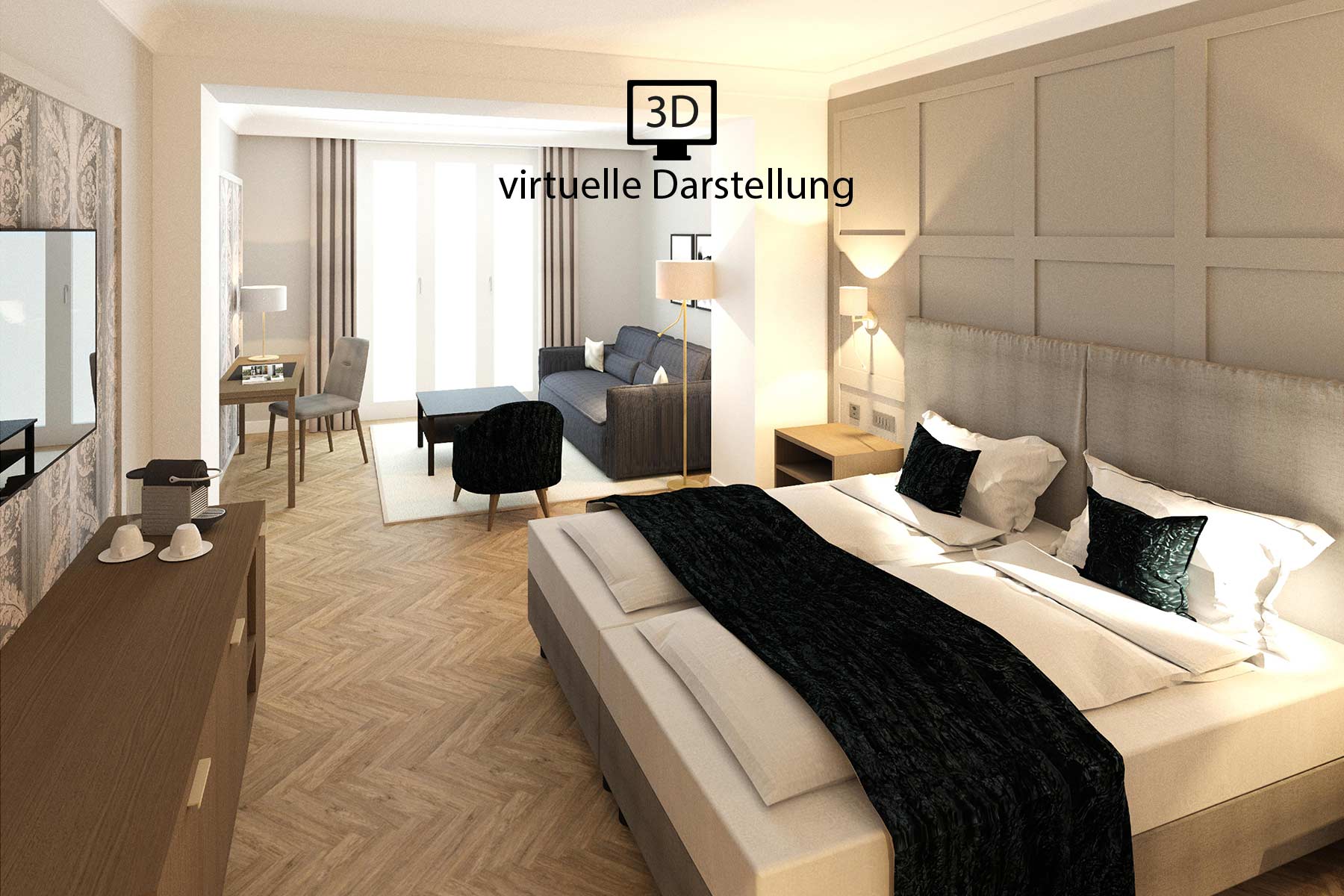 Virtuelle Darstellung eines Zimmers im Lenkerhof