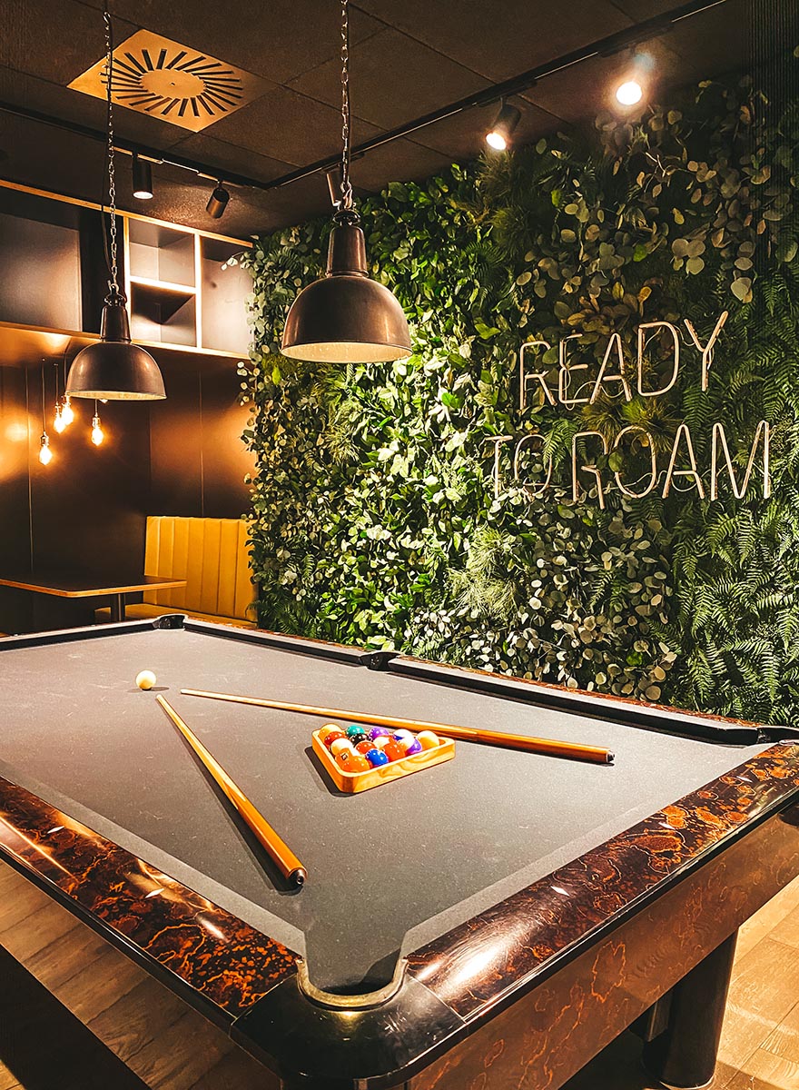 Billardtisch vor bepflanzter Wand