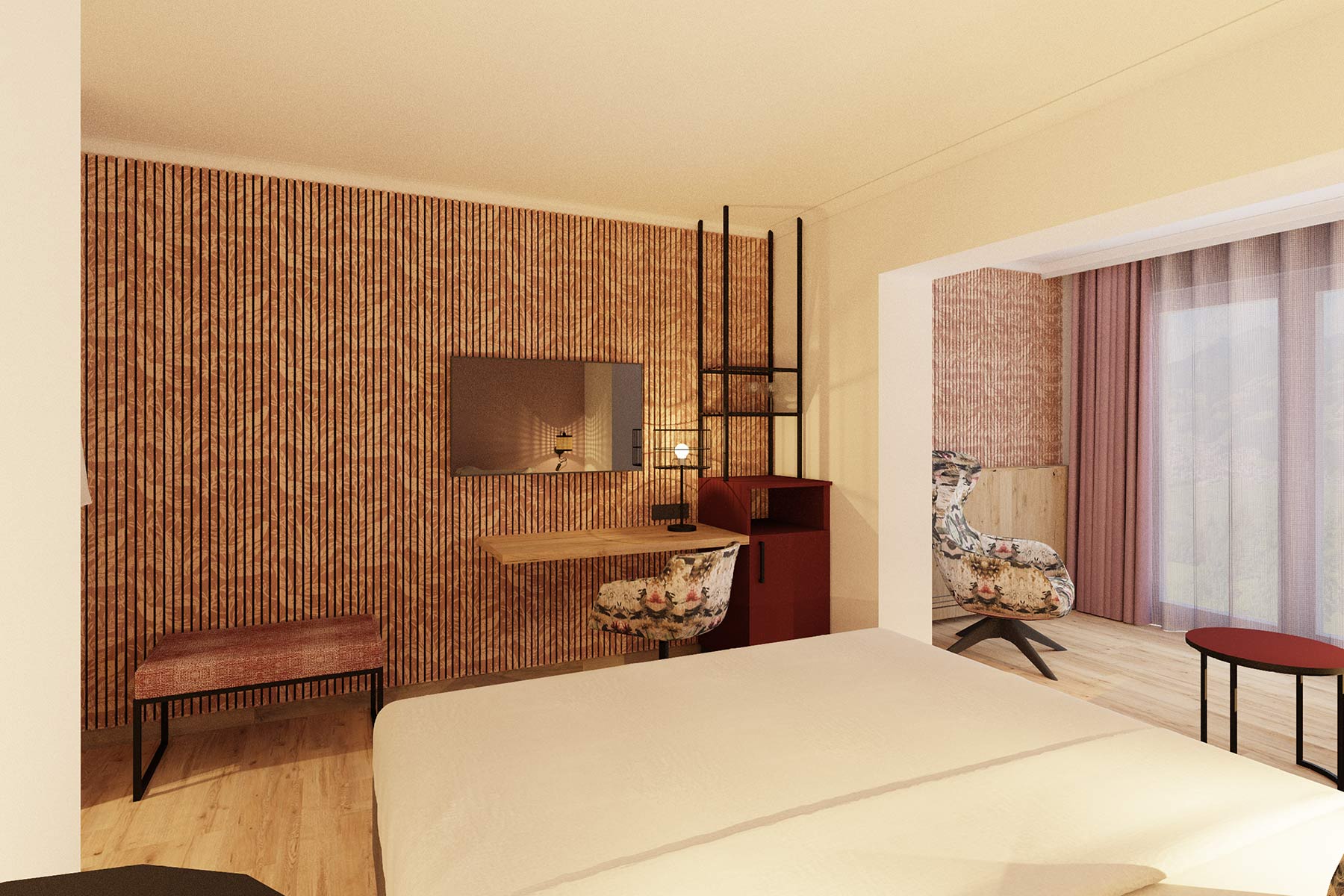 Wandverkleidung im Hotelzimmer mit Tropenmotiv