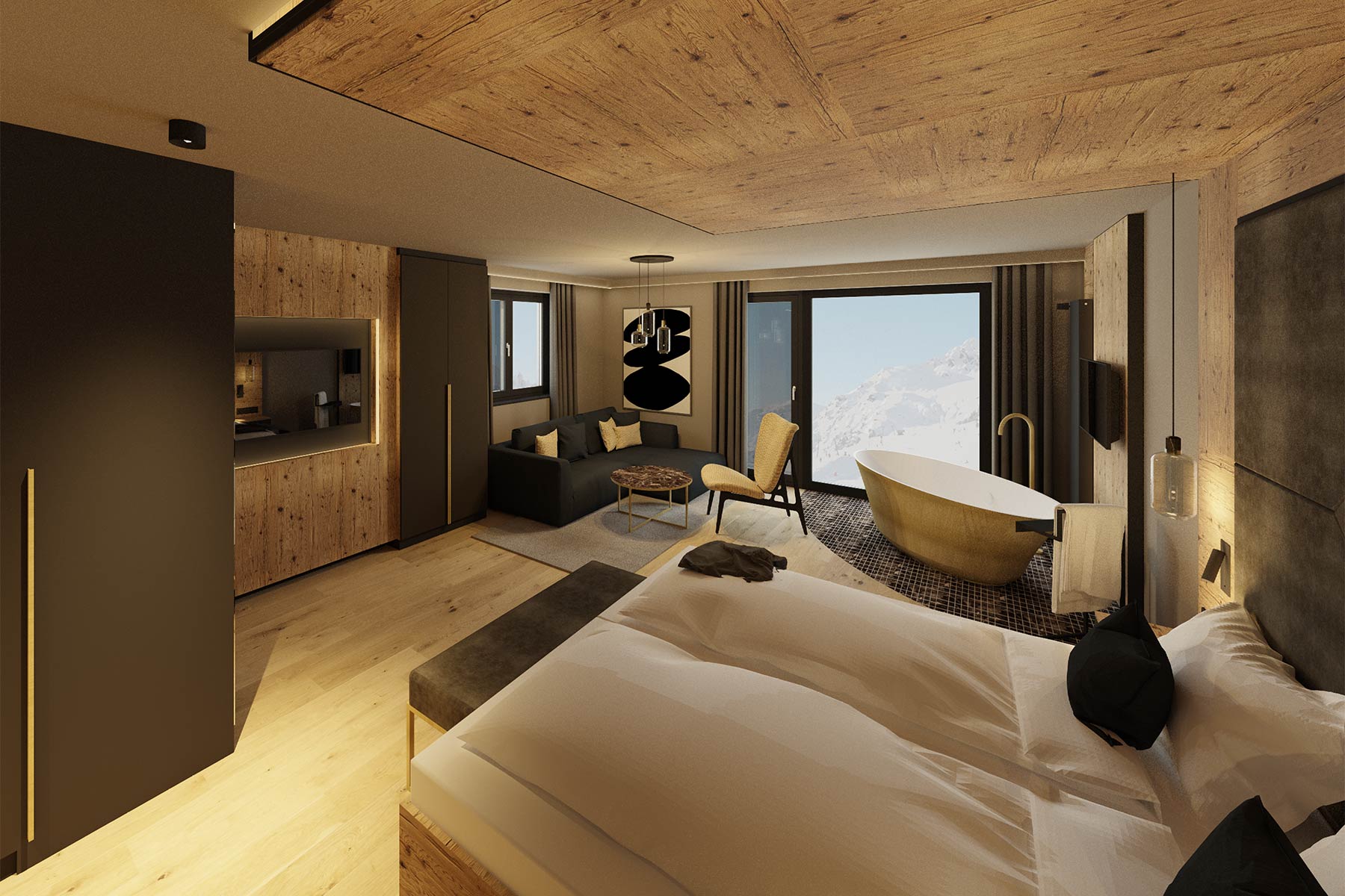 Suite Waldgefl&uuml;ster with kitchenette, lounge and view of the ski piste