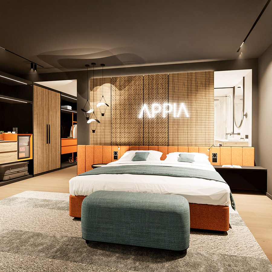 Was ist die richtige Farbe für das Hotelzimmer? Jeder Farbtyp spricht für sich. Hoteldesign Hotelarchitektur im Farbton orange und grün.