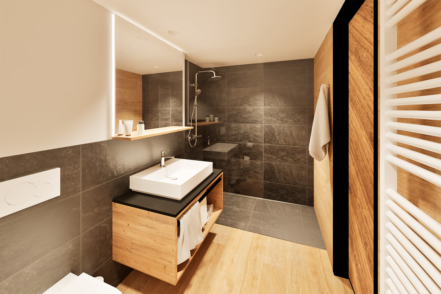 Badezimmer in Stammham mit stilvollem, beleuchtetem Siegel und einer offenen, begehbaren Dusche