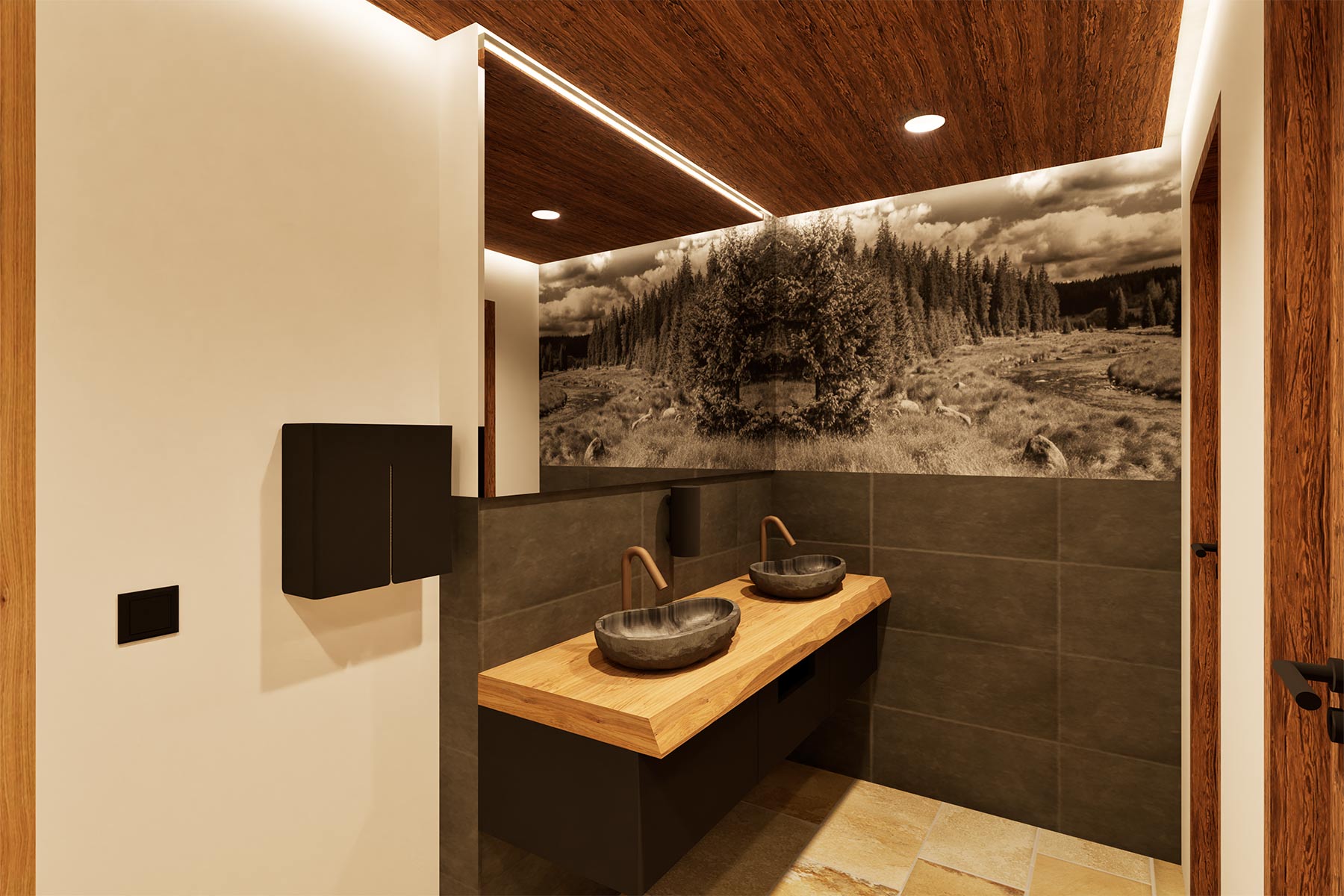 WC Damen mit 2 Waschbecken, Holzarmatur und einem gro&szlig;en Spiegel