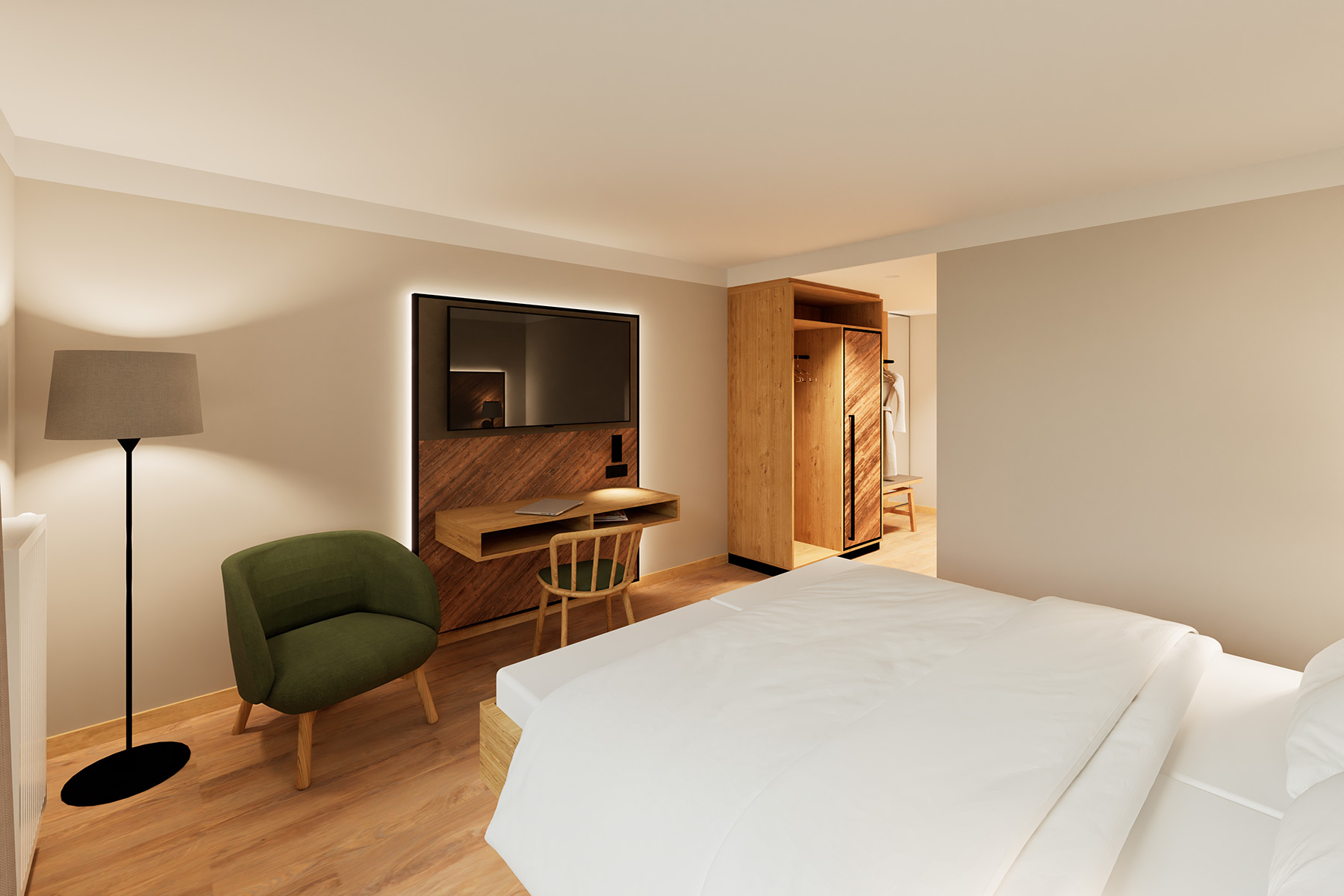 Schlafzimmer mit Holzelementen und Beleuchtung inkl. Integrierter Schreibtisch unter dem TV