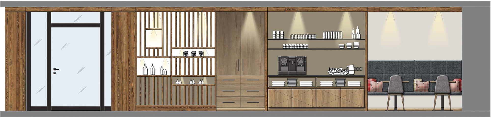 Visualisierung eines Gastraums mit Rezeption und Buffet in einer Pension mit stilvollen Raumteilern als Gestaltungselement