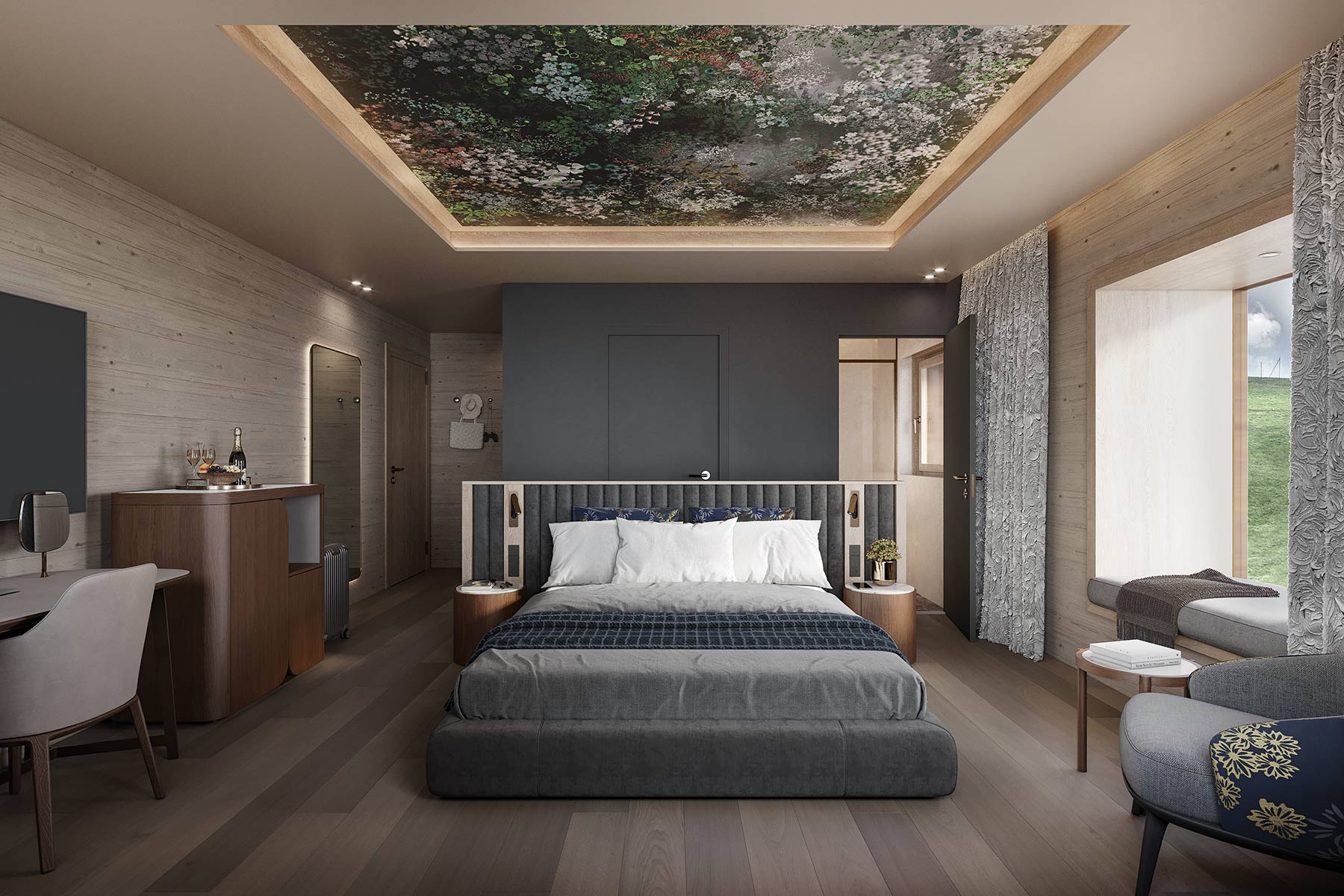 Suite mit freistehendem Bett im Mittelpunkt und abgehängter Decke