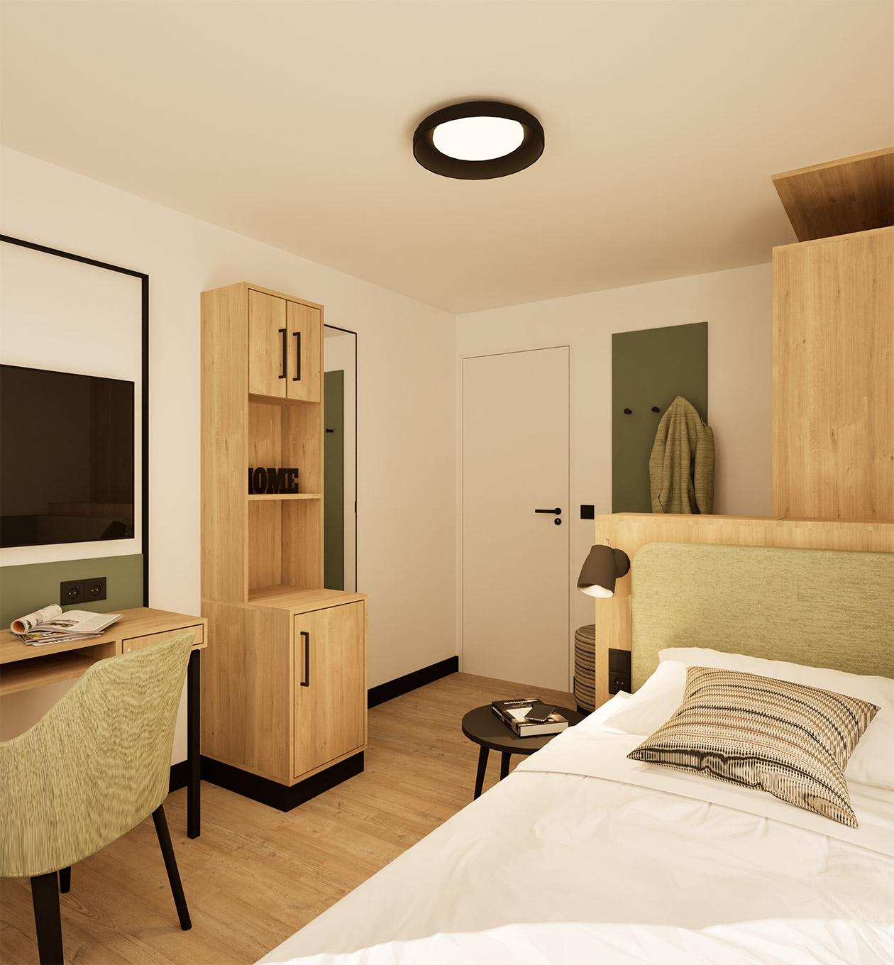 Rendering Personalwohnungen Gstaad Palace mit Einzelbett und Beistelltisch