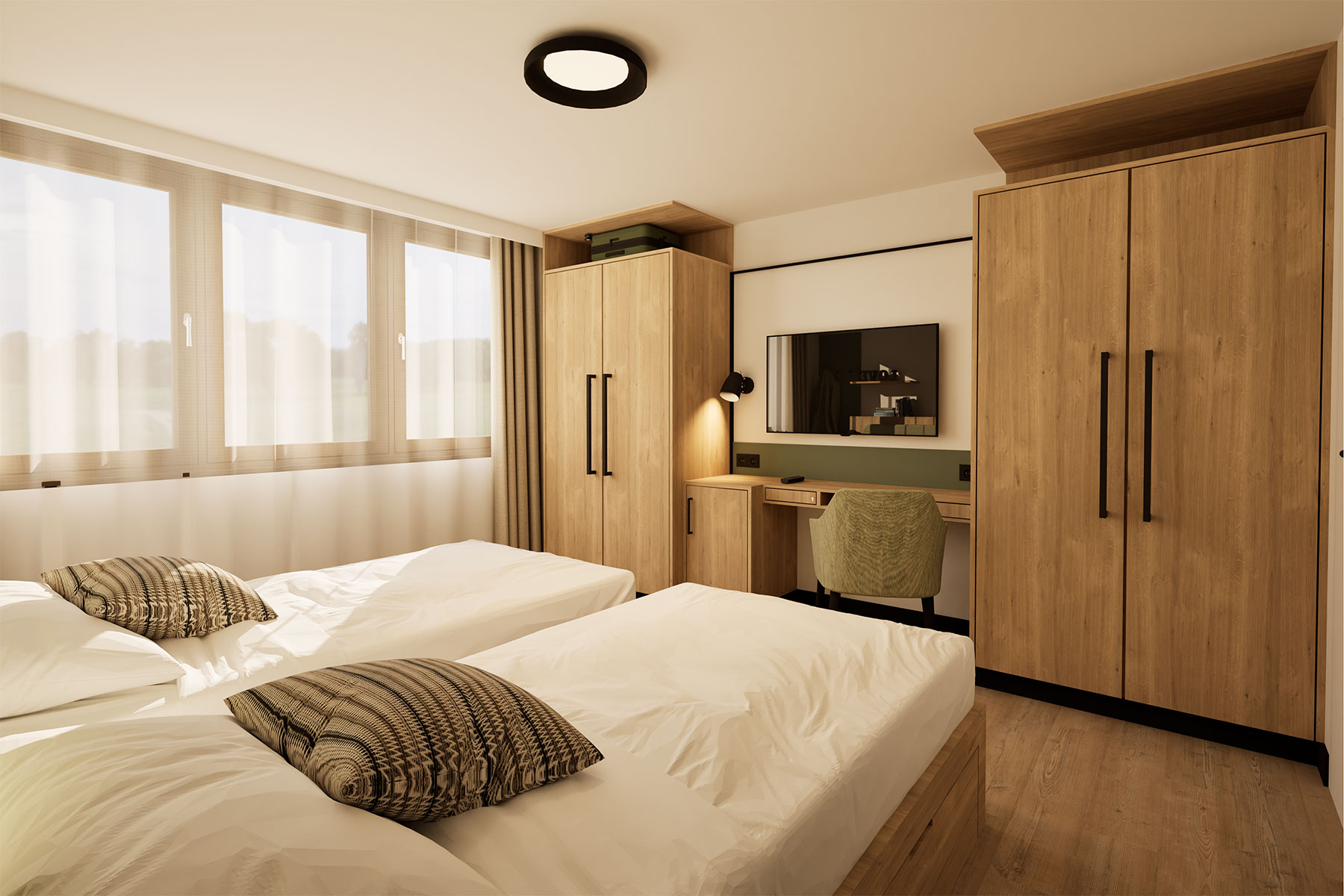 Schlafzimmer der Personalwohnungen Gstaad Palace vorab als Rendering mit viel Holz