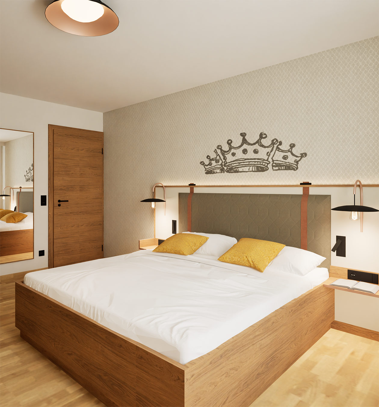 Bettkopfteil mit Lederriemen als Optik eines Koffers im Zimmer vom Hotel & Brauereigasthof Drei Kronen Memmelsdorf