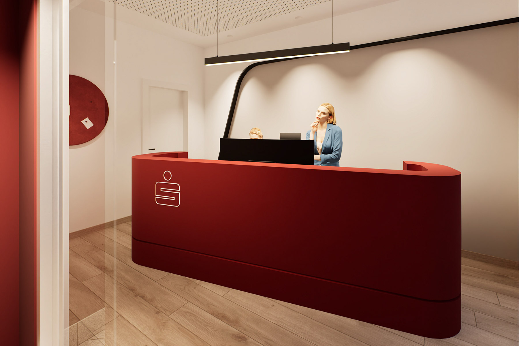 Anmeldung am roten Empfangstresen gefertigt von Appia mit Logo der Sparkasse