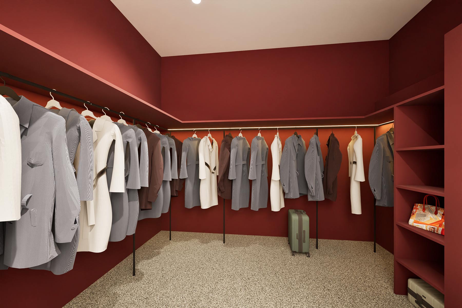 Garderobe im Verbindungsbau mit abgewinkelter Kleiderstange