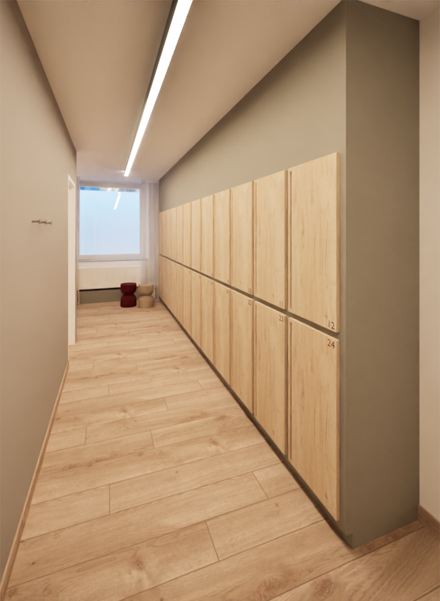 Lockerschränke als Umkleide im Untergeschoss mit Holz gefertigt von Appia