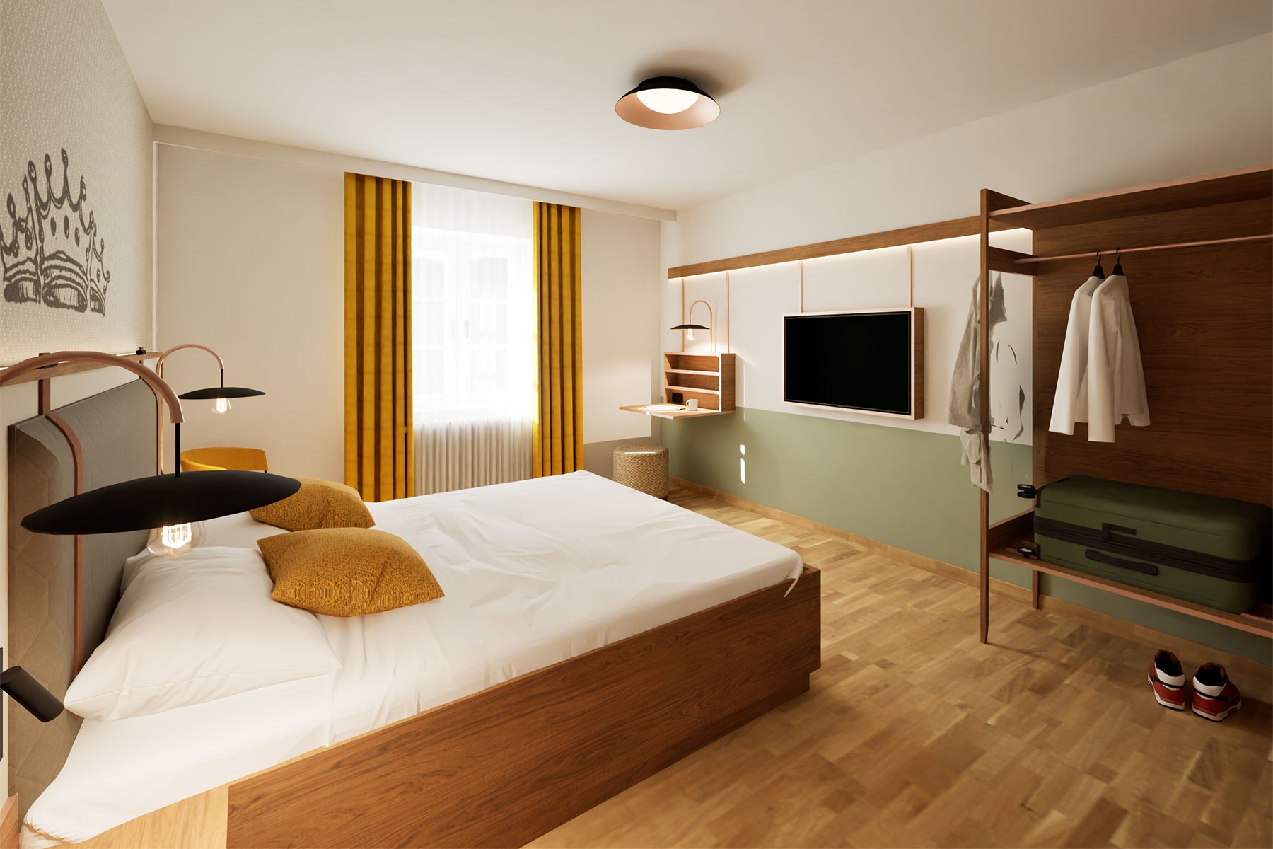 Doppelzimmer mit TV-Wand und Arbeitsecke im Hotel & Brauereigasthof Drei Kronen Memmelsdorf