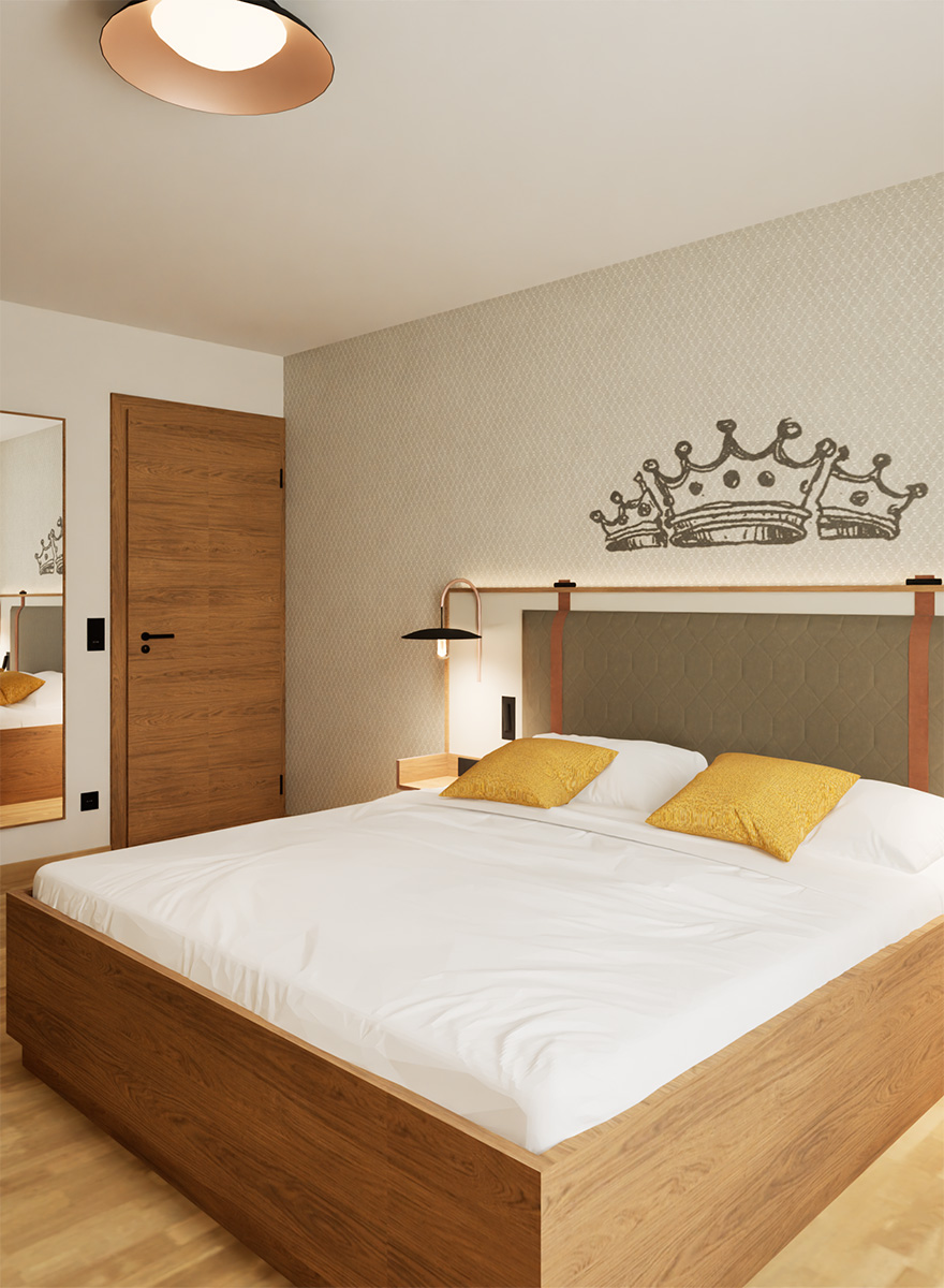 Bettkopfteil mit Lederriemen als Optik eines Koffers im Zimmer vom Hotel & Brauereigasthof Drei Kronen Memmelsdorf