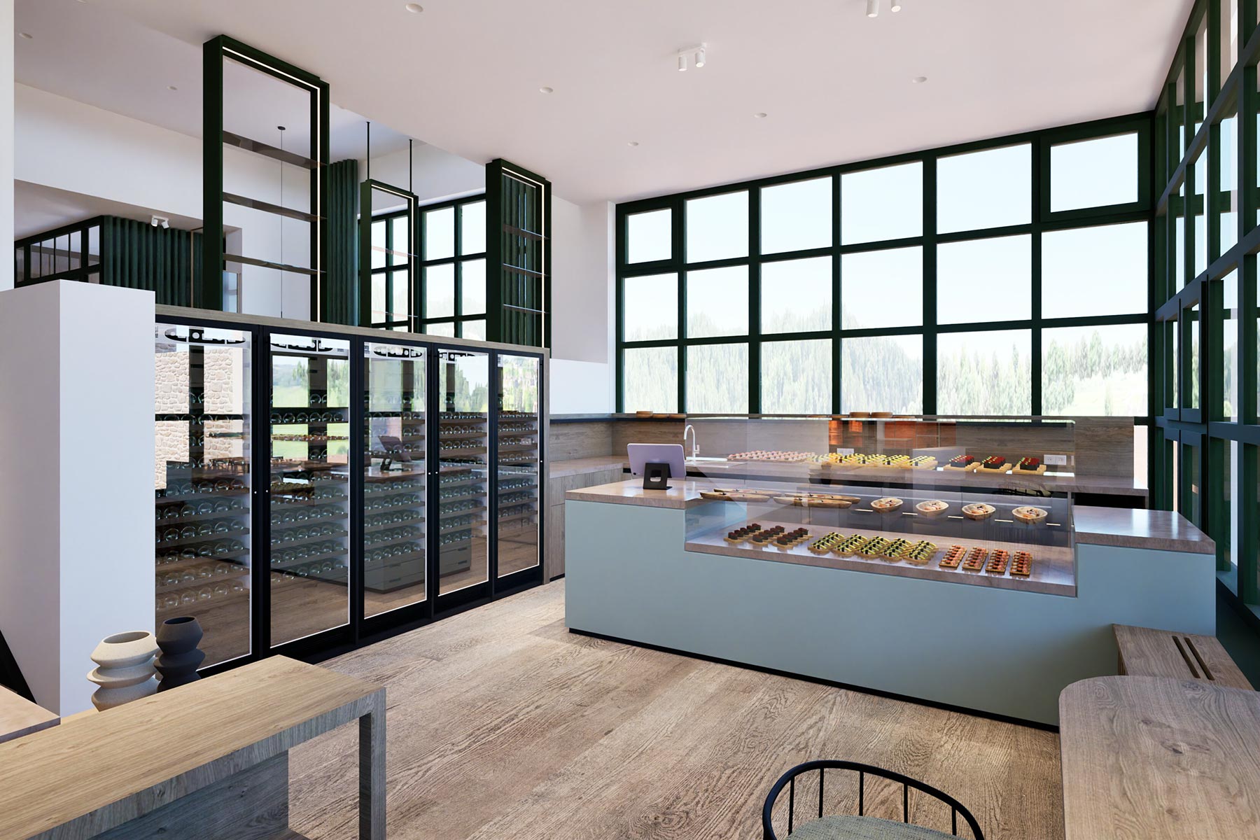 Ladenbau für einen Concept Store mit Verkaufstheke und Weinschrank