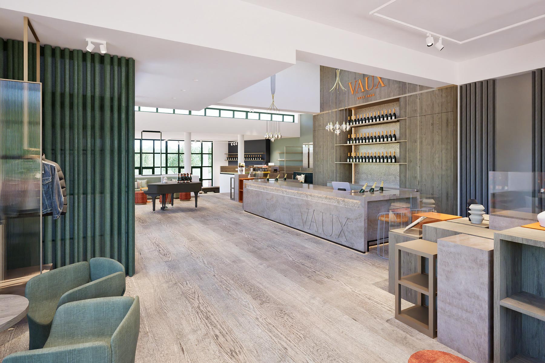 Showroom Innenarchitektur mit edler Theke, Klavier und Einbauregalen