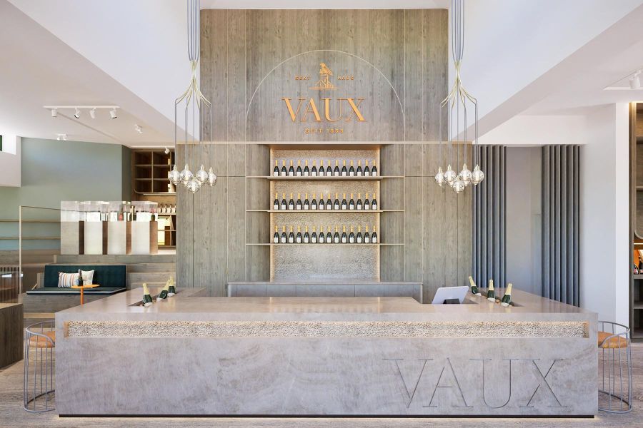 Showroom Interior Design mit Empfangstheke aus Stein