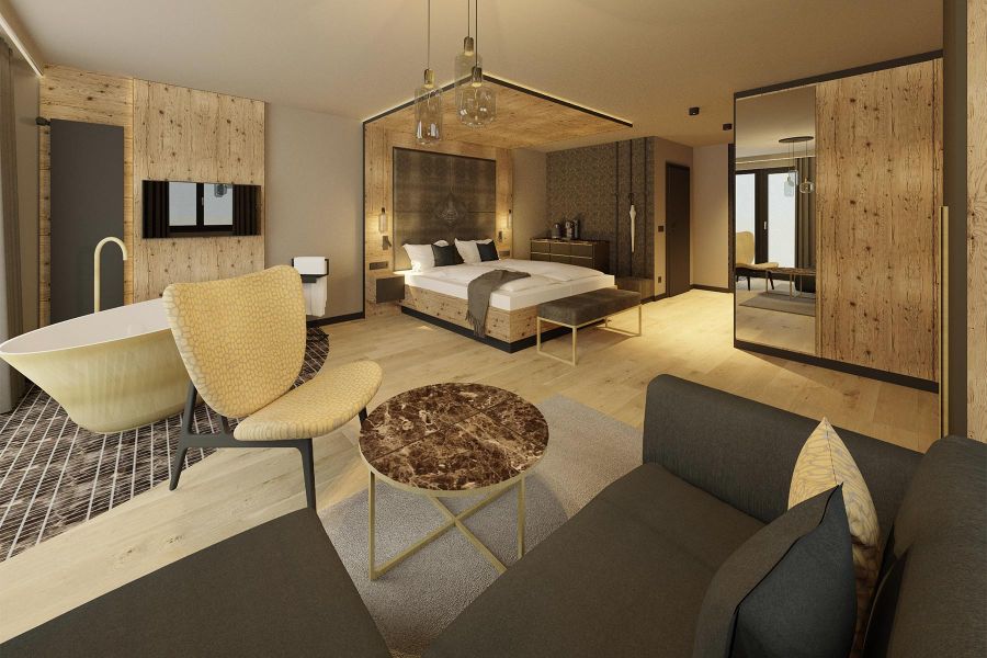Rendering of the Waldgeflüster suite with free-standing bathtub and double bed