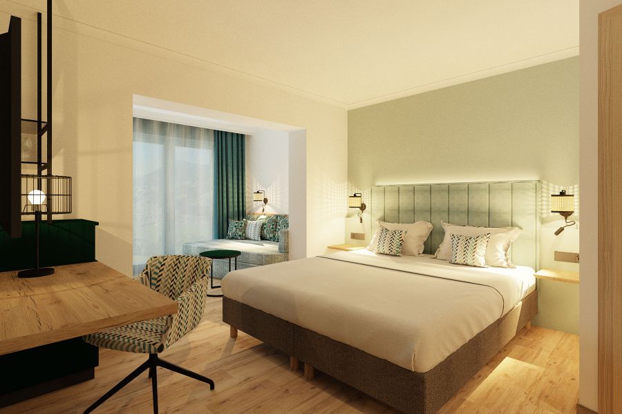 Hoteleinrichtung mit türkisem Farbkonzept