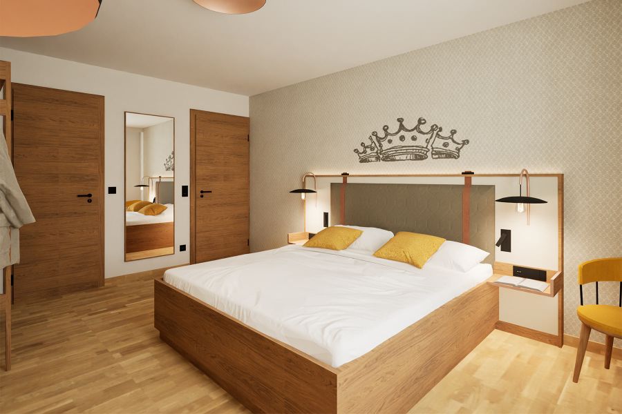 Bettkopfteil mit Lederriemen als Optik eines Koffers im Zimmer vom Hotel & Brauereigasthof Drei Kronen Memmelsdorf