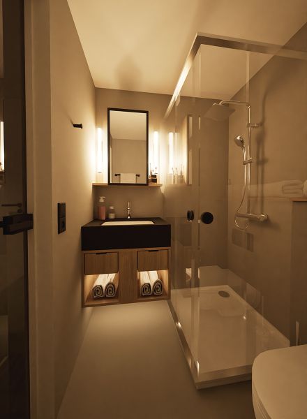 Badezimmer der Personalwohnungen Gstaad Palace mit Dusche und WC