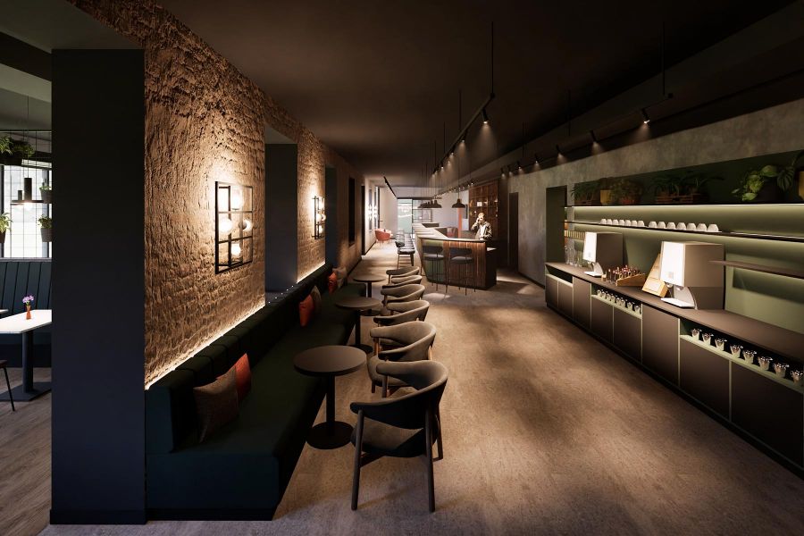 Innenarchitektur-Rendering von Hotel-Lounge und Bar im Essential by Dorint Mannheim Taylor Park