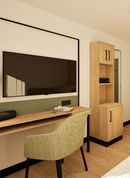 Personalwohnungen mit modernem Schreibtisch und TV im Gstaad Palace