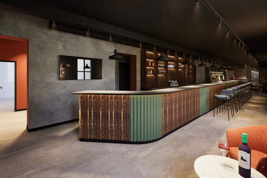 Rendering des Öffentlichen Bereichs mit Hotel-Rezeption und Bar im Dorint Hotel Mannheim Taylor Park