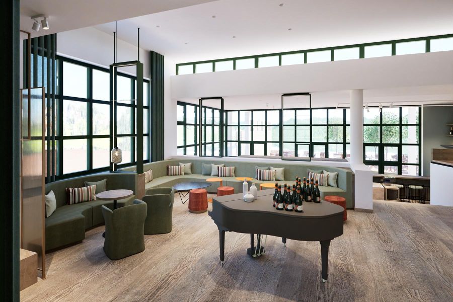 Showroom-Einrichtung mit Lounge-Möble, Sofa, Tische und Klavier