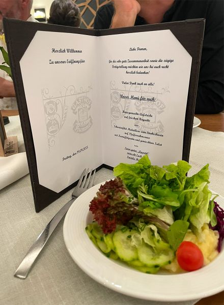 Menü und Dankesworte Gasthof Hummel für Firmen und Zusammenarbeit bei Fertigstellung