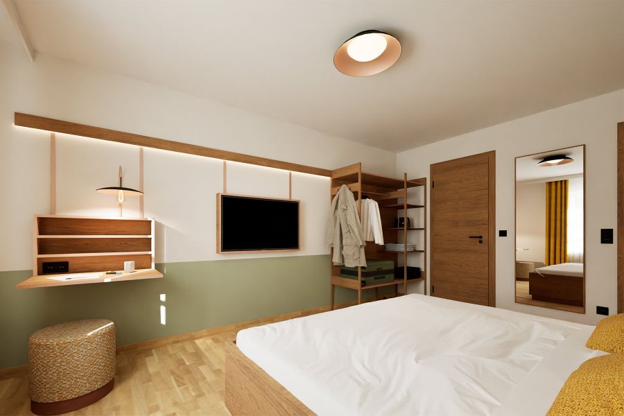 Doppelzimmer mit TV-Wand und Arbeitsecke im Hotel & Brauereigasthof Drei Kronen Memmelsdorf