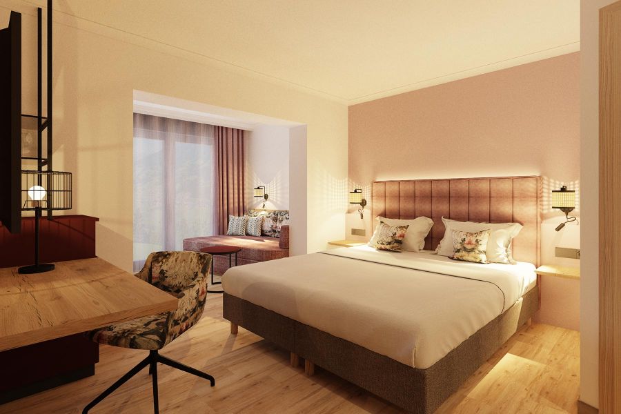 Hoteleinrichtung mit Doppelbett und Recamiere