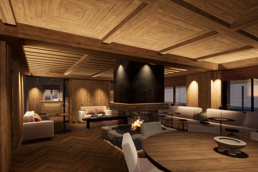 freistehender Kamin im Hotel-Restaurant