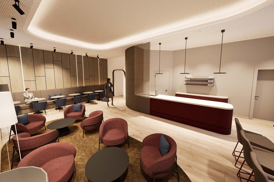 SVB Café mit Tresen und Loungebereich aus der Schreinerei von Appia