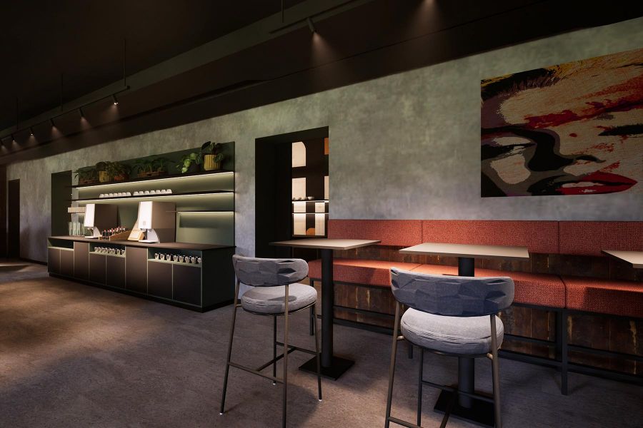 Getränkebuffet und Hochtische in der Hotel-Lobby und Bar im Essential by Dorint Hotel Mannheim
