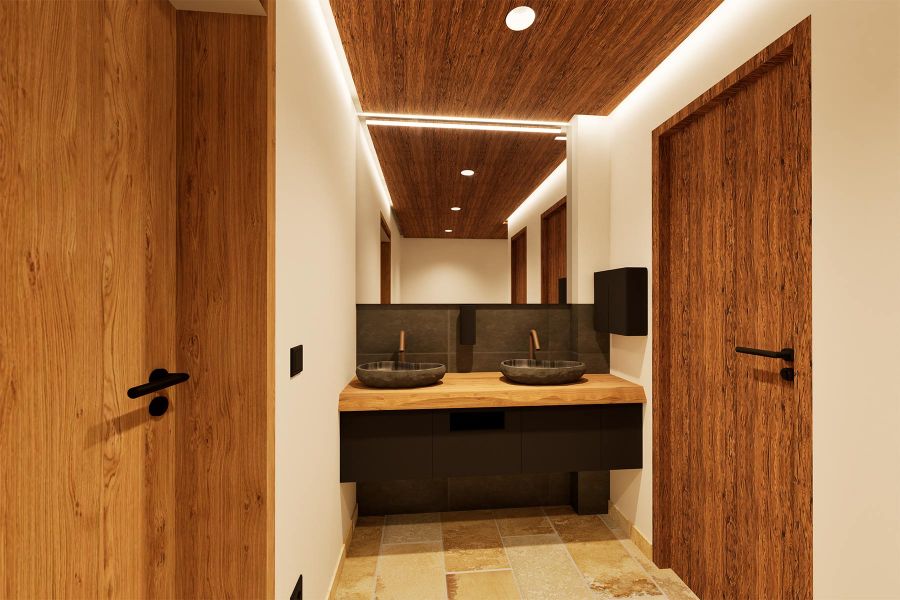 Badezimmer WC Herren mit zwei Waschbecken