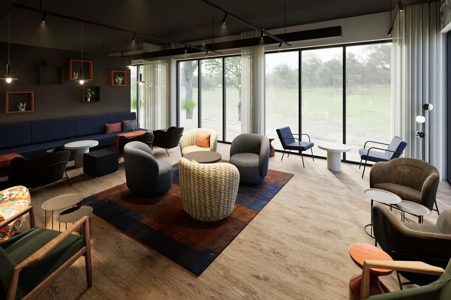 Rendering des Wintergartens mit gemütlichen Lounge-Möbeln im Essential by Dorint Mannheim Taylor Park