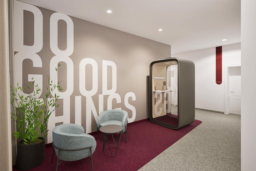 Telefonzelle beim Sparkassenverband Bayern im Flur mit Wandtattoo Do good things