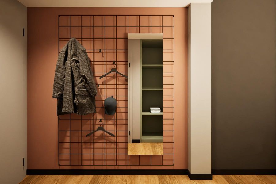 Rendering einer Hotelzimmer-Garderobe im Industrial Style