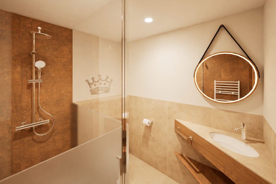 Badezimmer mit Regendusche, Waschtisch & Handtuchtrockner im Hotel & Brauereigasthof Drei Kronen Memmelsdorf