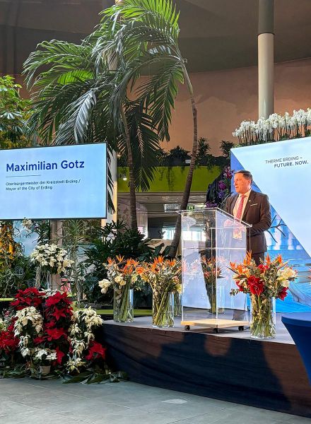 Rede beim Reopening Ceremony Therme Erding von Maximilian Gotz, Oberbürgermeister Erding